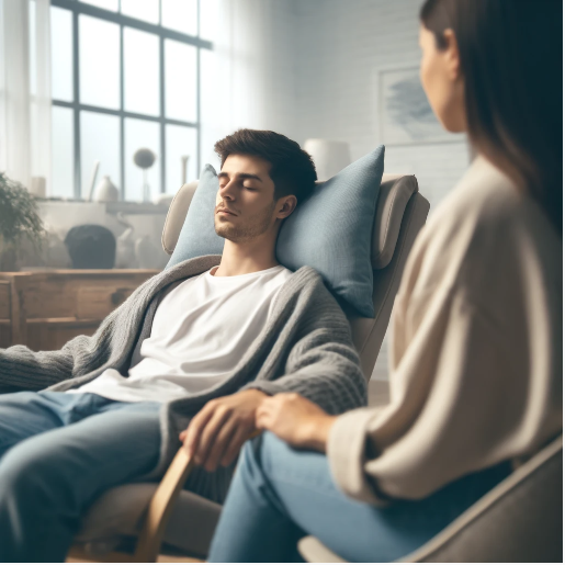 Man sitting in a chair receiving hypnotherapy